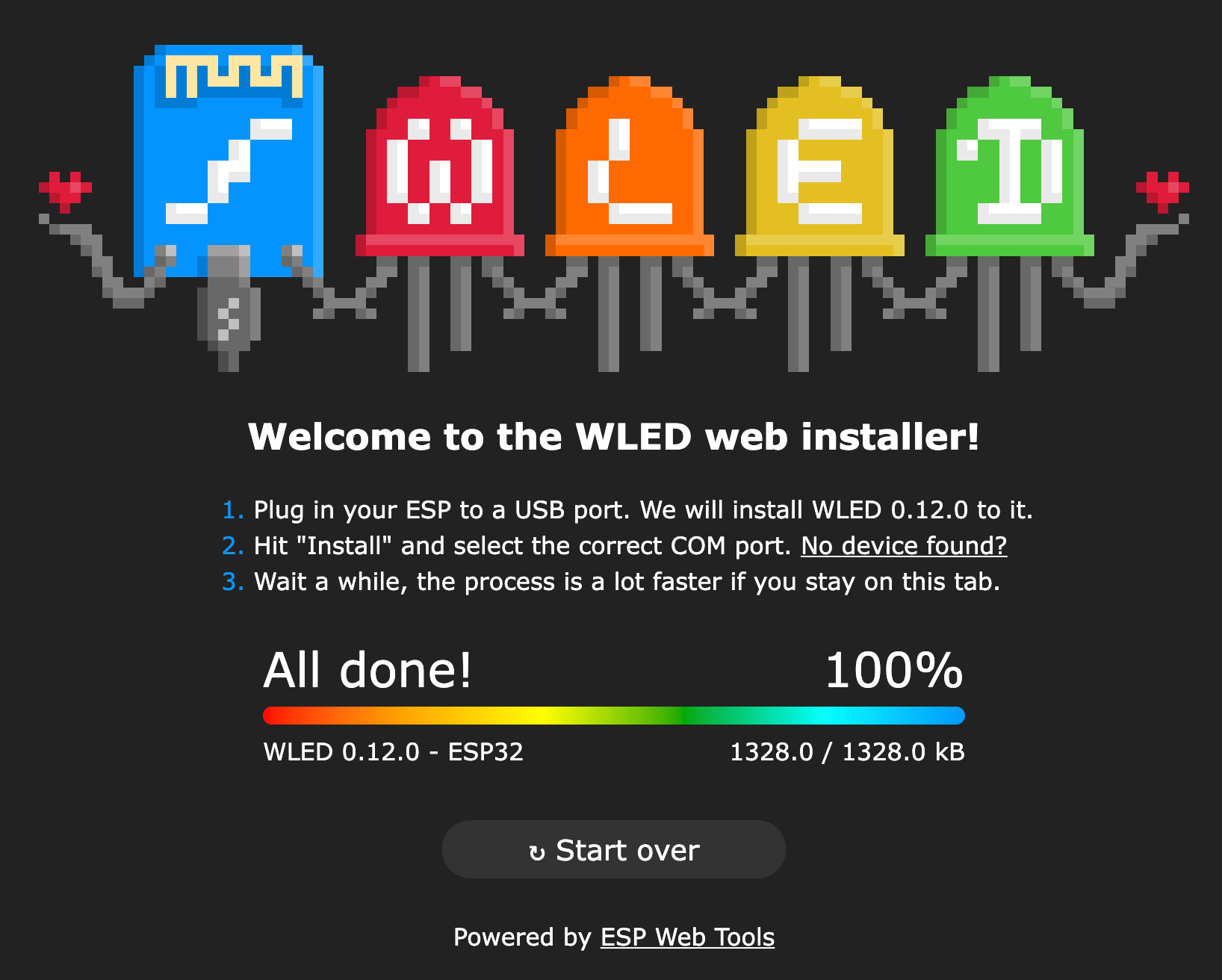 screenshot van WLED installatie pagina na de installatie