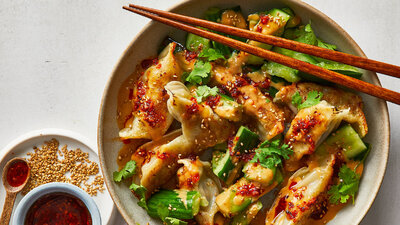 Dumpling and Smashed Cucumber Salad With Peanut Sauce