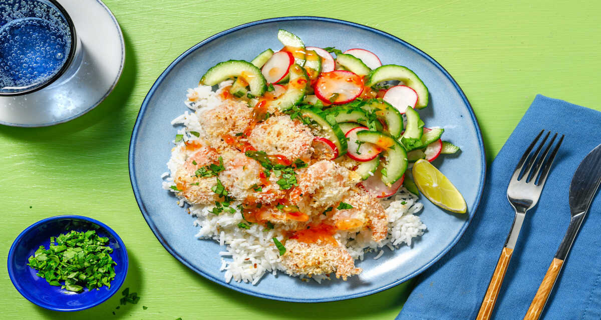 Krokante garnalen met zoet-pittige chilisaus met kokosrijst en zoetzure groenten