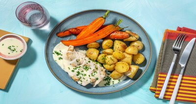 Kipfilet met bieslookroomsaus met gebakken krieltjes en geroosterde bospeen